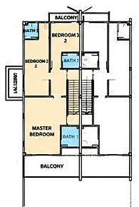 Floor Plan First Floor Rumah Teres Dua Tingkat: master bedroom, bedroom 2, bedroom 3, bilik air dan balkoni.