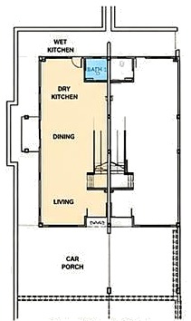 Floor Plan Ground Floor Rumah Teres Dua Tingkat: dapur basah, dapur kering, ruang makan, ruang tamu, patio dan car porch.