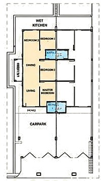 Floor Plan Ground Floor Rumah Teres Satu Tingkat: dapur basah, ruang tamu, ruang makan, bilik tidur 3, bilik tidur 2, bilik tidur utama dan carpark.